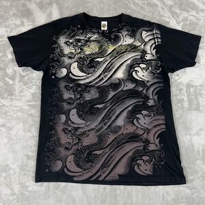 Vintage Y2K Don Ed Hardy Shirt Mens XL Black Dragon Allover Print Graphic Tee